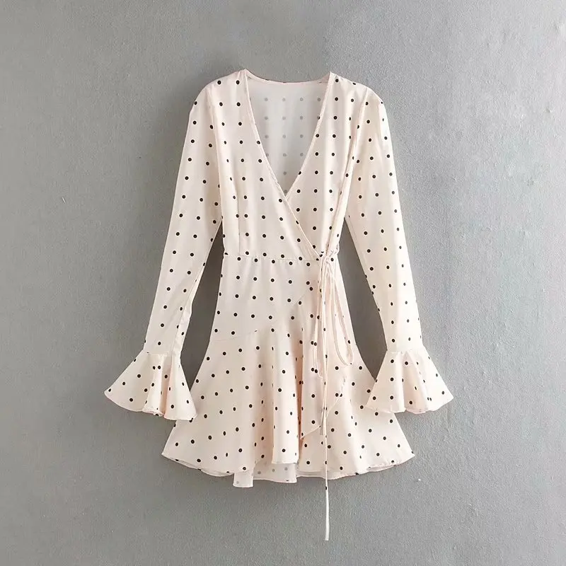 Женское платье с оборками Za элегантное свободное в горошек v образным вырезом и