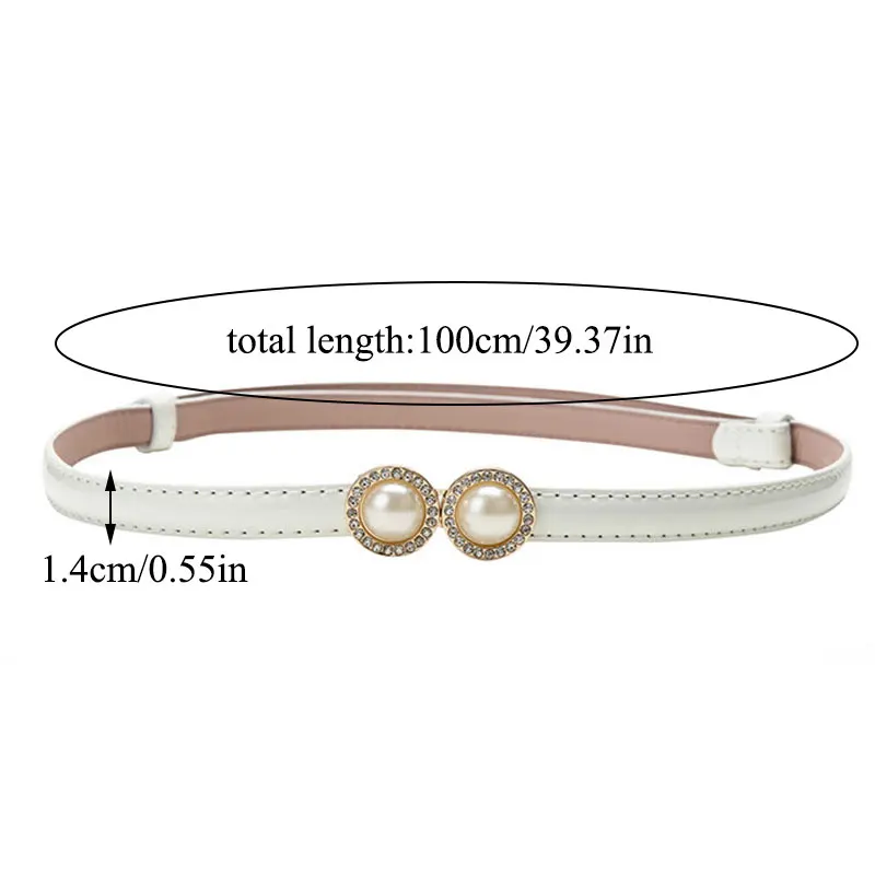 

Elegent PU Leather Belt Women Rhinestones Pearl Buckle Thin Belts Solid Dress Waistband Ladies Adjustable Decorative Waist Chain