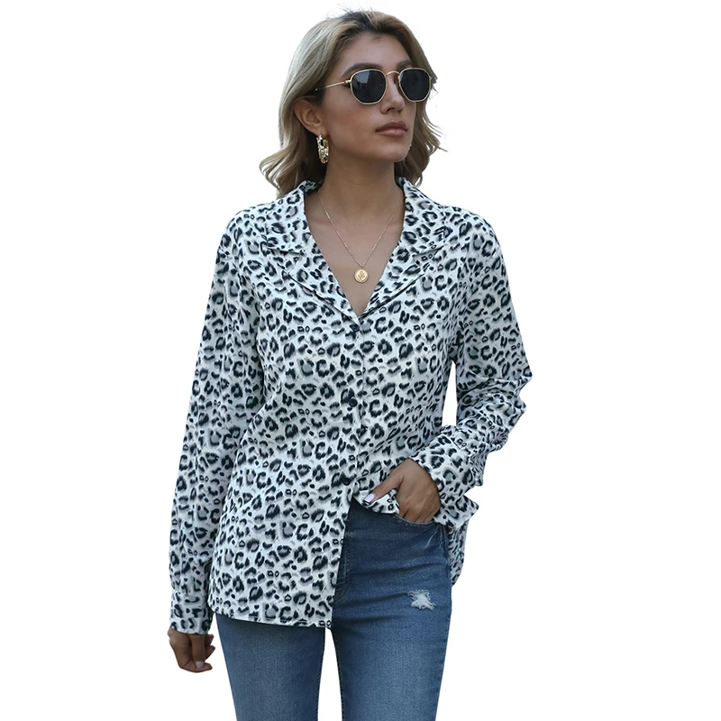

Leopard Print V Neck Long Sleeve Single Breasted Fashion Shirt Women Casual Loose Streetwear Fashion Summer Office Lady Blouses