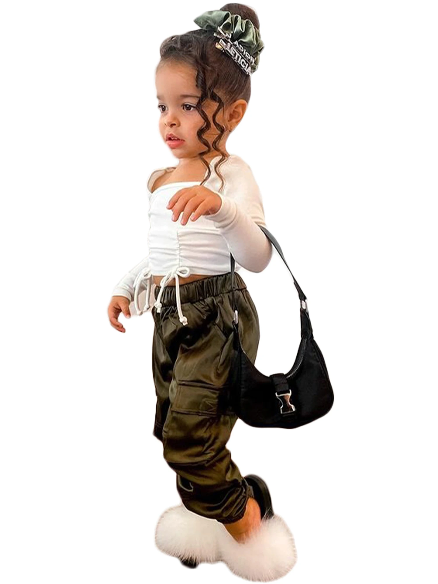 

Summer Toddlers Kids Baby 2Pcs Tracksuits Solid Color Square Neck Short Sleeves Crop Tops + Cargo Pants Suit for Girls 1-5 Years