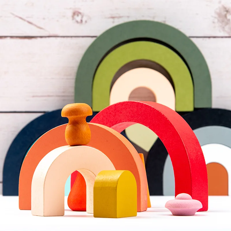 

New Montessori Wooden Rainbow Tower Kids Toys Arched Colorful Wooden Blocks Stacking Educational Toys Popular Gifts For Children