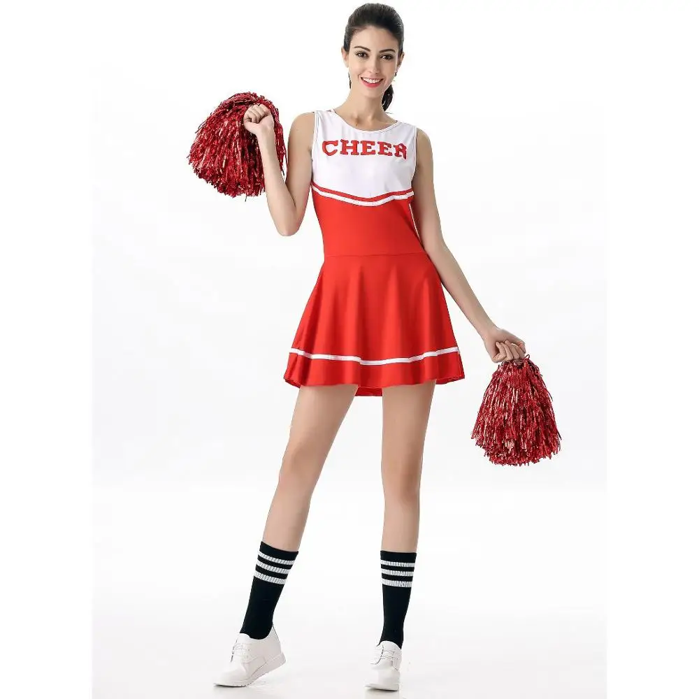 Red Dress+Pompoms Cheerleading Costumes Football Baby Adult High School Cheer Uniform Girl Dancing Show Cheerleader Party