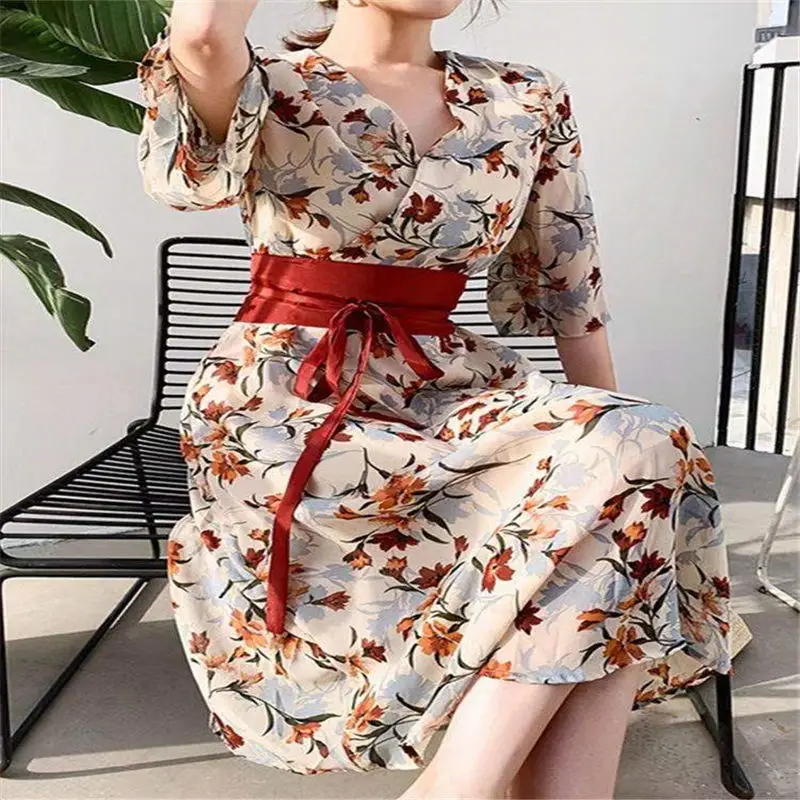 

Japanese girl's Bandage Dress 2021 summer new fat mm kimono light mature temperament waist slim long skirt
