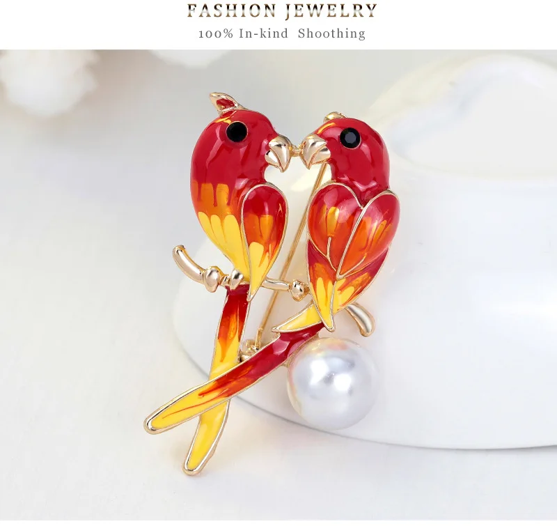Lovebirds 4.8x2.9 cm Lovebirds любовник с двумя птицами Броши для женщин эмаль посвященная брошь для пар брошь с попугаями булавка Имитация жемчужное животное ювелирные изделия - Окраска металла: Lovebirds 4.8x2.9 cm