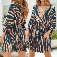 autumn women dress 2021 striped long sleeve sexy v neck lace up lantern sleeve ladies dresses holiday vestidos female clothes