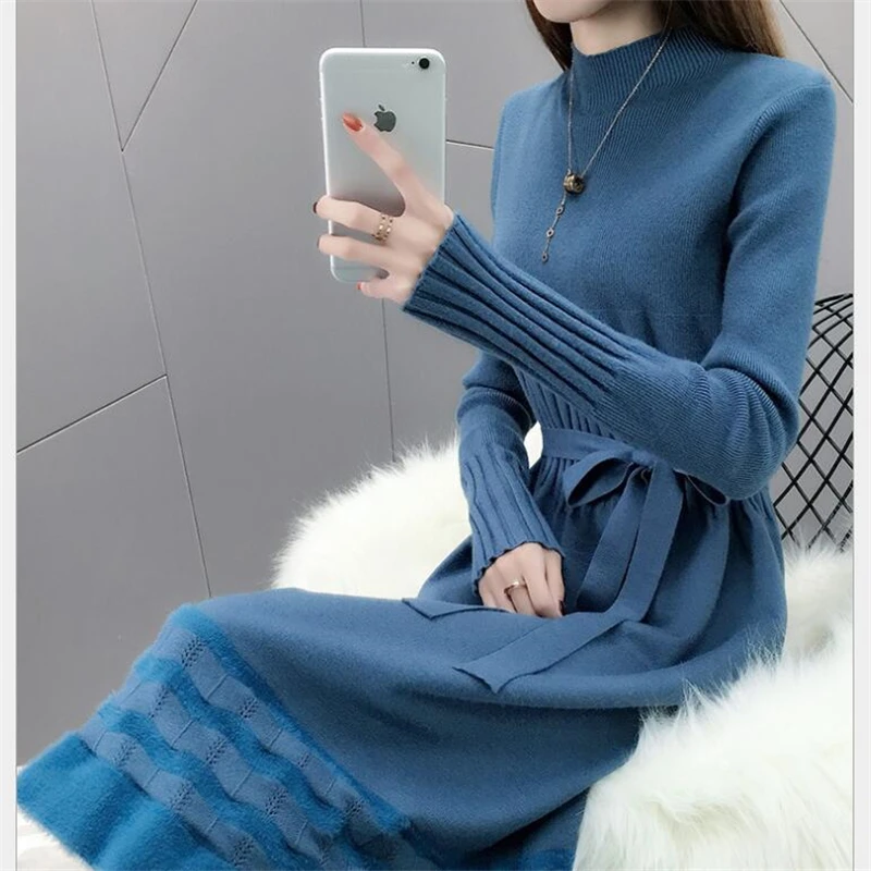 

Women Knitted Sweater Dress Pullovers Korean Fashion Style Winter And Autumn 2020 New Solid Knitted Dress vestidos Z328