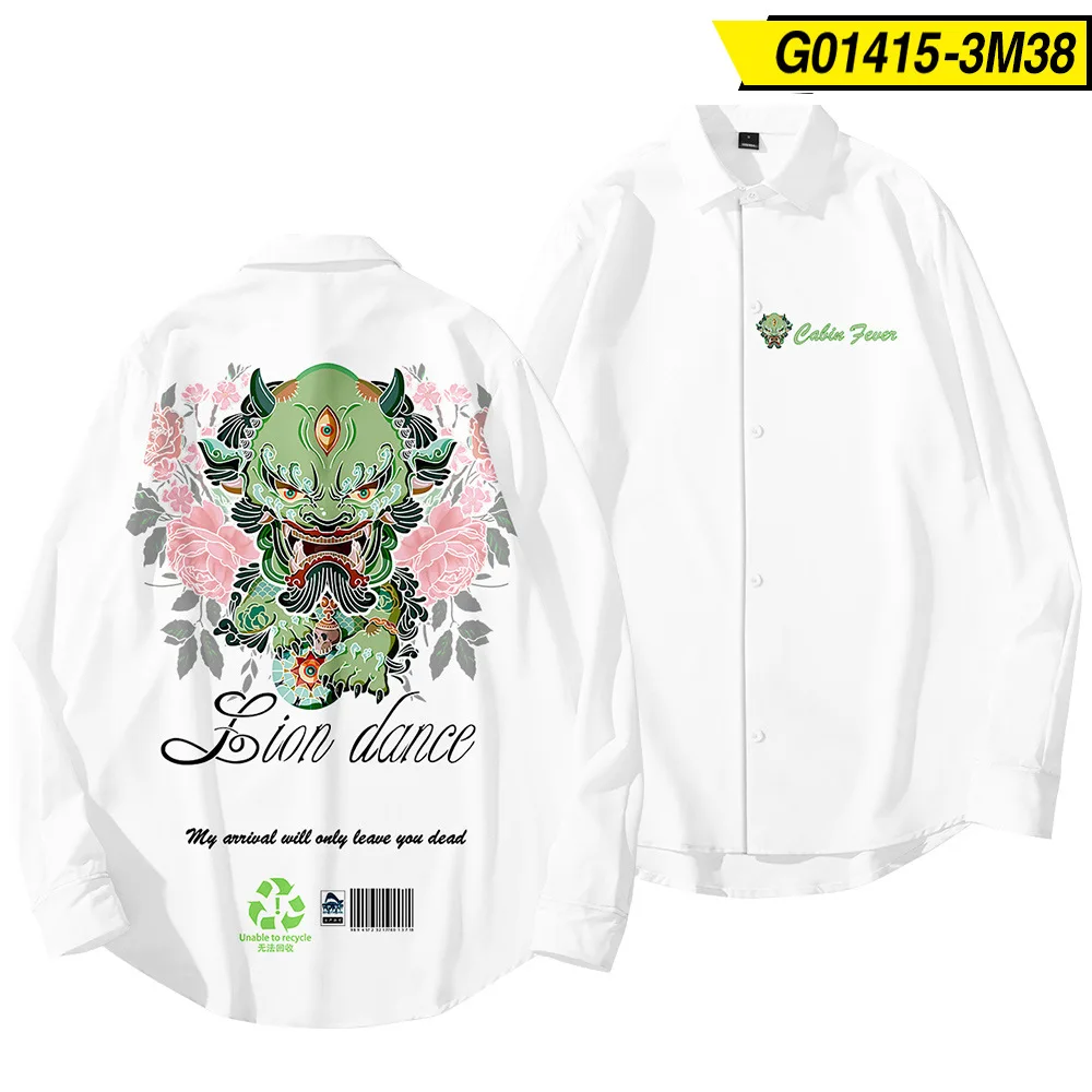 

Chinese Cartoon Printed Men's Long Sleeve Vacation Plus Size Casual Stand Collar Button Loose Shirt Apparel Comfort Tops