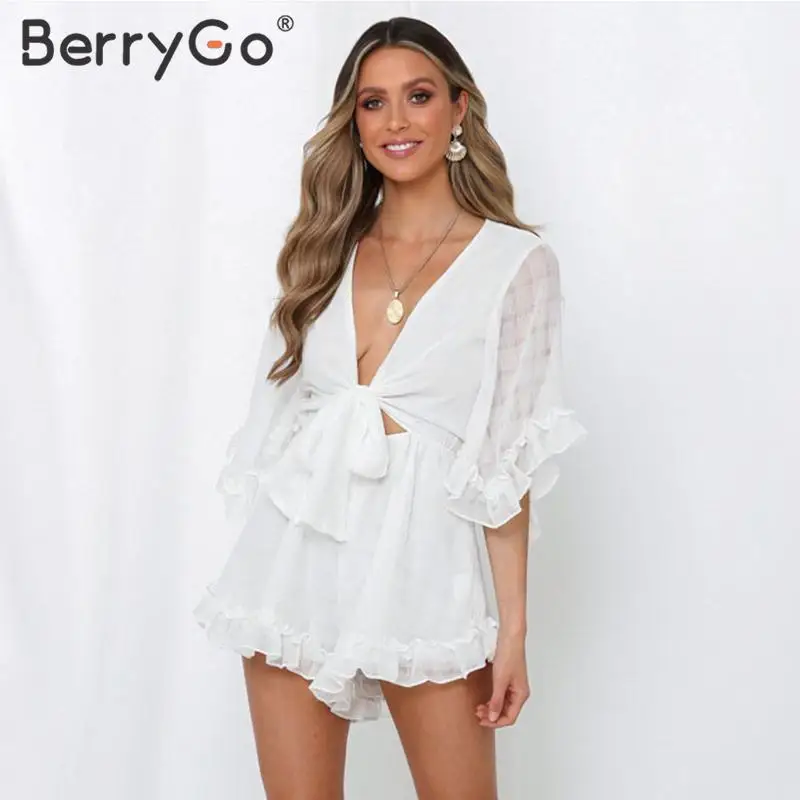 Женский комбинезон с рюшами BerryGo элегантный v образным вырезом и Расклешенным