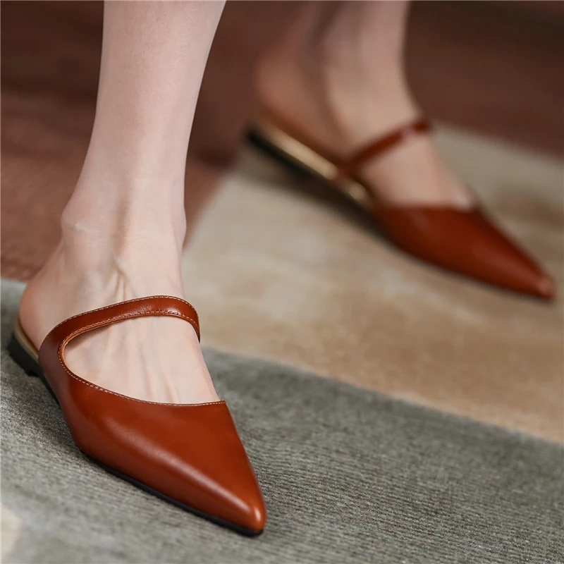 

COVIBESCO Summer Women Sandals Genuine Leather Casual Mules Pointed Toe Slippers Fashion Concise Flats High Quality Shoes Woman