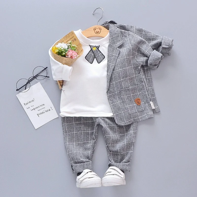 

3 Pieces/set Baby Suit Autumn Children's Sets Formal Boys Clothes Long Sleeve Plaid Coat Pullover Pants Boutique Kids Clothing
