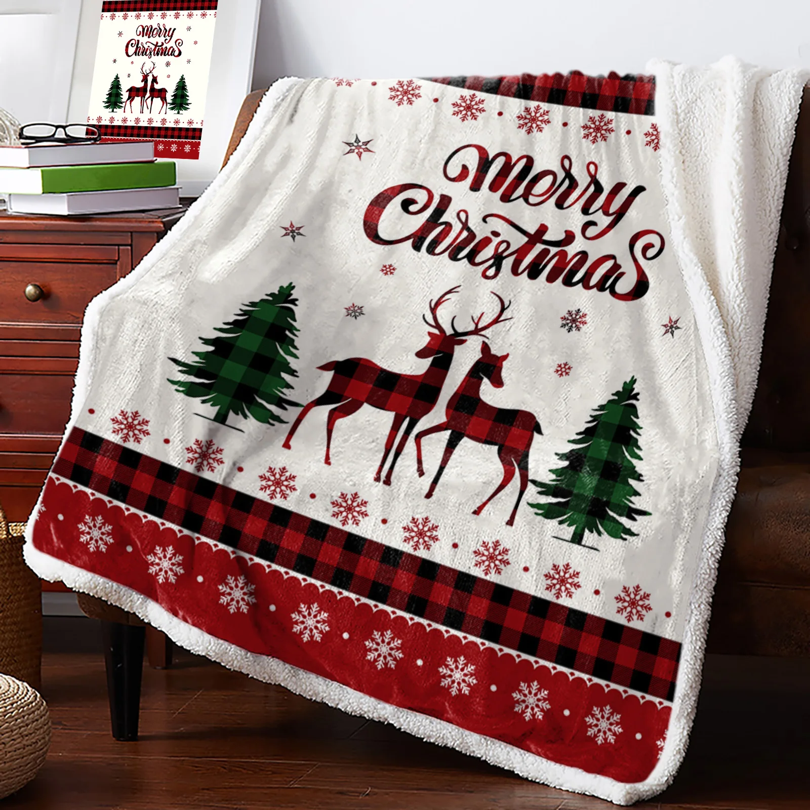 

Christmas Red Plaid Snowflake Elk Blankets Bed Cover Fleece Blankets for Sofa Home Couch Bedding Picnic Blankets