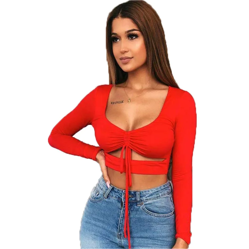 

Sexy Lace Up Ruched Long Sleeve T Shirts
