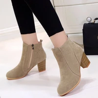plus size ankle boots women shoes flock solid pointed toe office winter zippers high heels casual female pumps booties 35 41