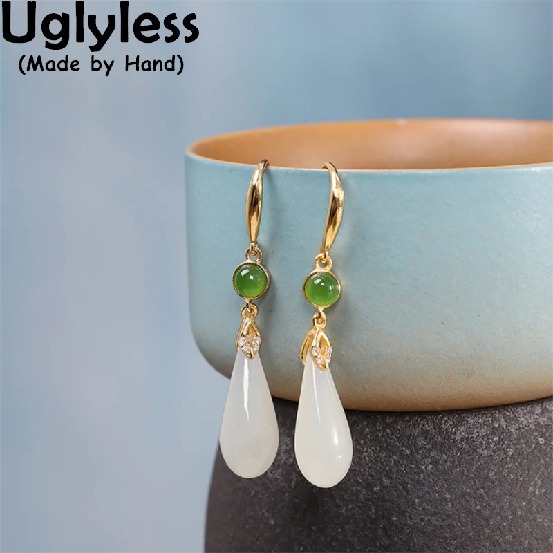 

Uglyless Elegant Water Drop Jade Jasper Earrings for Women Nature Gemstones Brincos 925 Silver Fashion Earrings Hotan Jade Jewel