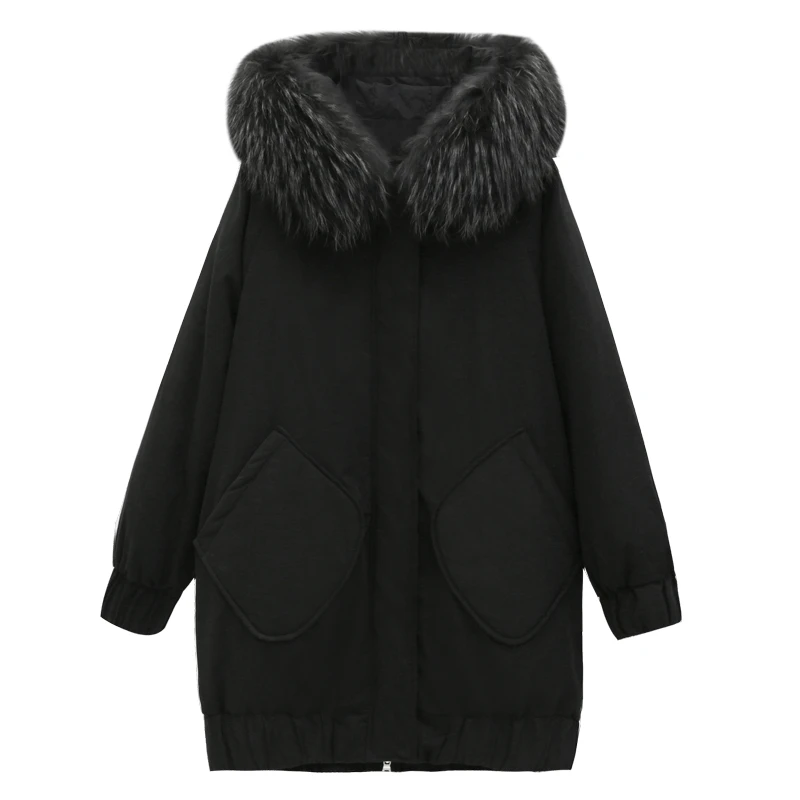 

Tom Hagen Winter Coat and Jacket Women Fur Collar Long Coat Hooded Parka Black Warm Korean Fashion Plus Size Duck Down Jacket