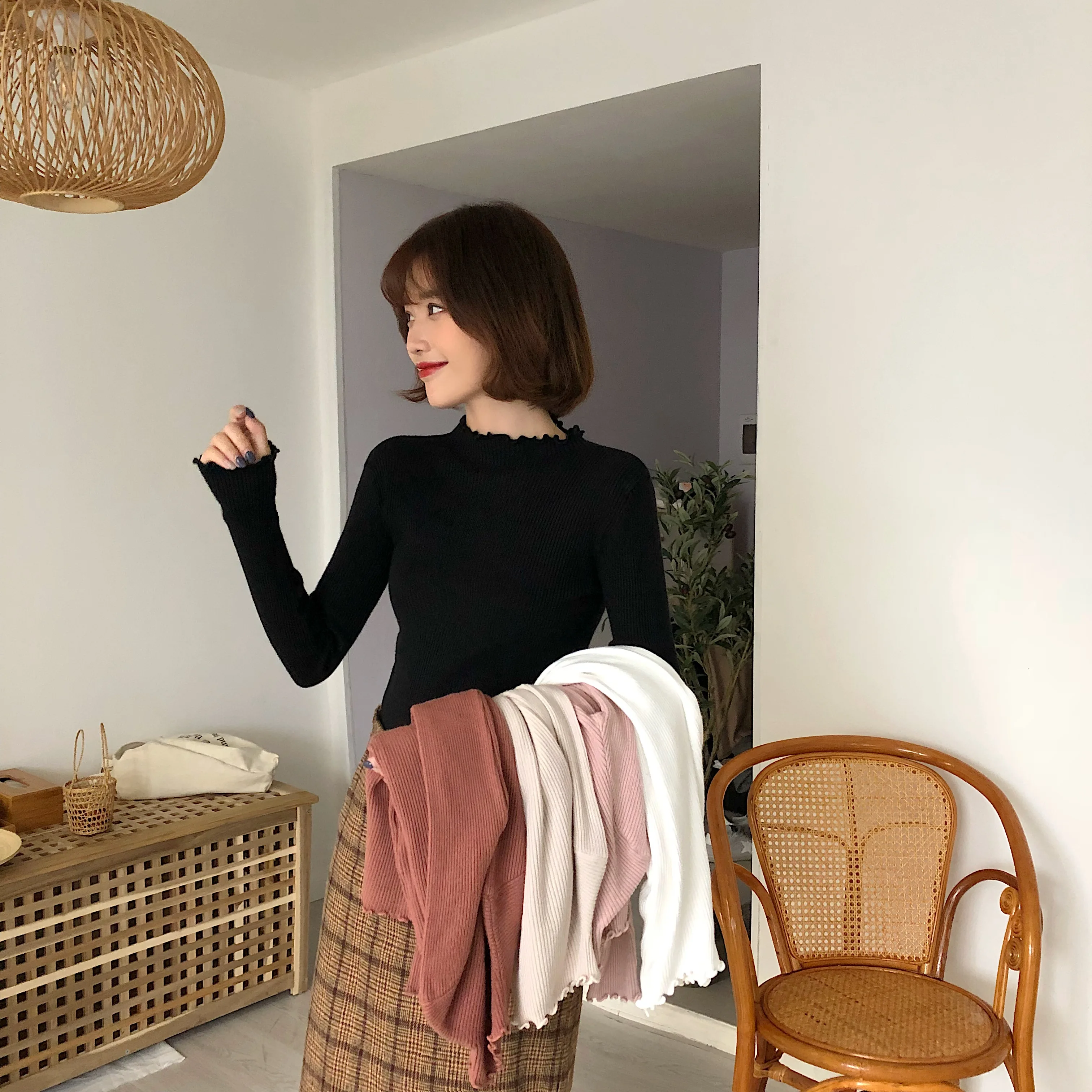 High collar pleated sweater female high elastic Slim 2019 autumn and winter fashion sexy knit pink white black coat | Женская одежда