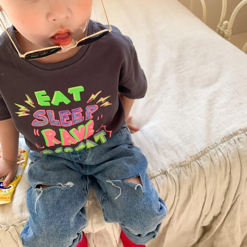 

2021 Summer Clothes for Kids Childhood Cartoon Letters Children Boys Girls Short Sleeve Tops 1 to 8 Years Old T-shirts YE03061