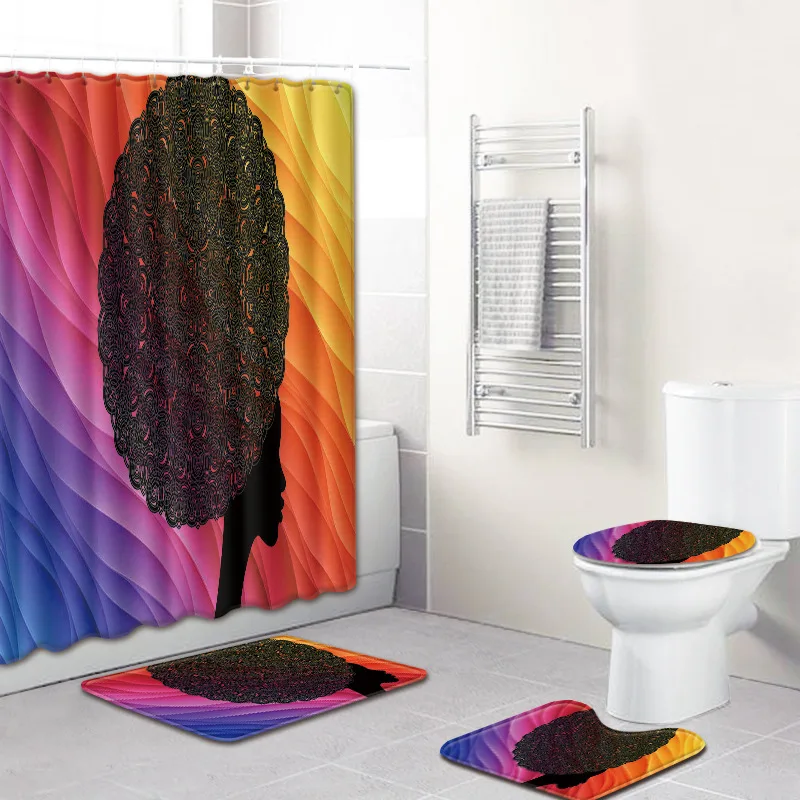 Offerte Moda Sexy Donna Africana Bagno Tappeto Stampa 3D Tappetino Antiscivolo Coperchio Coperchio Wc Bagno Tende Da Doccia Set 4 Pezzi Tappeti