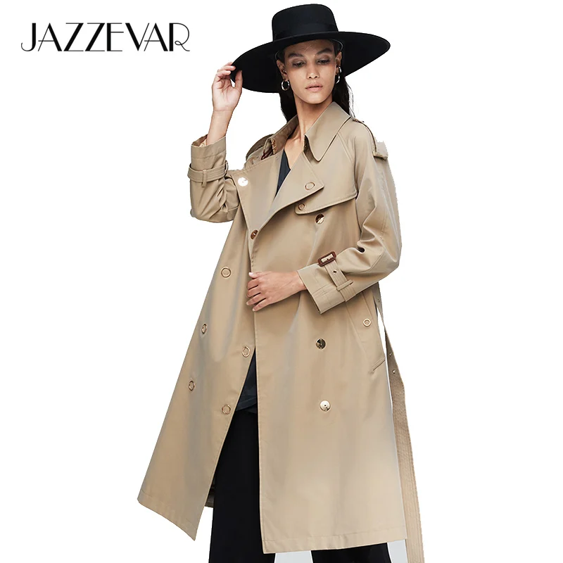 JAZZEVAR Новое поступление осенний плащ женская свободная одежда верхняя одежда высокое качество двубортное женское длинное пальто дизайнерское 9024-1