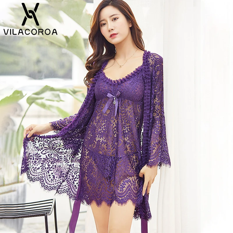 

Пикантная кружевная красная женская ночная рубашка с V-образным вырезом, ночное мини-платье + халат с длинным рукавом, ночной комплект, сексу...