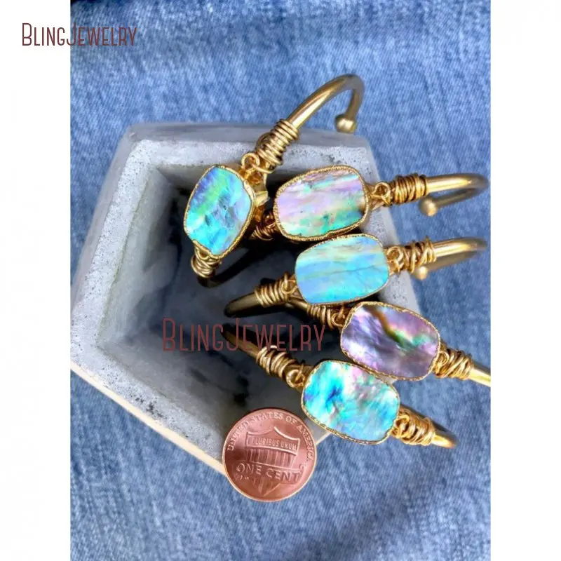 Золотой рыбья кость сырья Boho Chic Радужный Галиотис оболочки жесткий Браслет-манжета Белый полумесяц раковина Каури регулируемый браслет BM27548