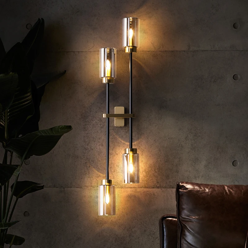 

Modern hall wall lights personality hotel villa bedroom glass lampshade creative black copper lamp