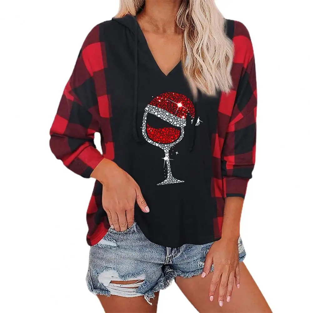 

Women Top Christmas Style Shiny Plaid Print V-neck Patchwork Hoodie for Daily Wear