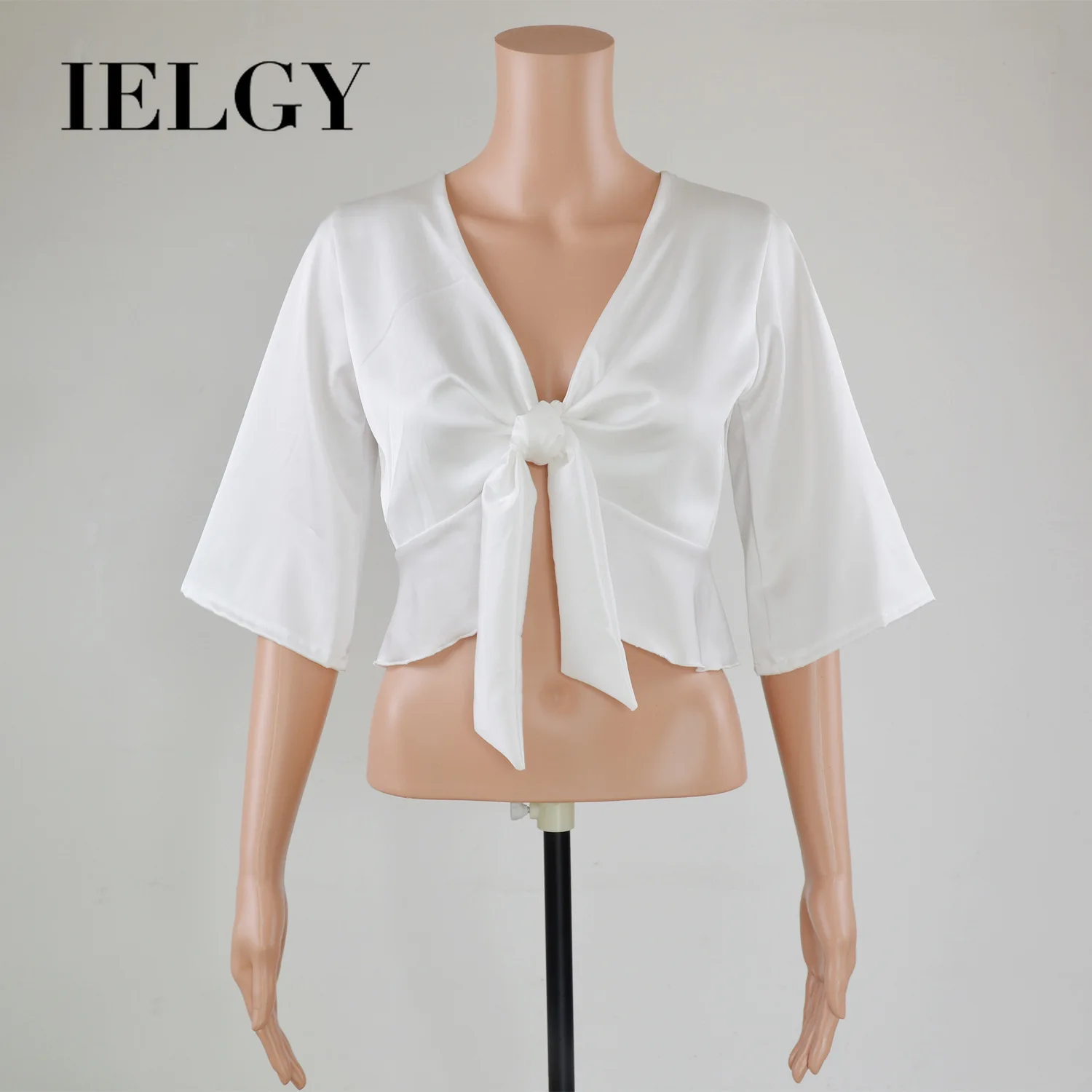 

IELGY Women's European and American Sweet Wind Butterfly Lace Solid Color Satin Bare Sleeve Top