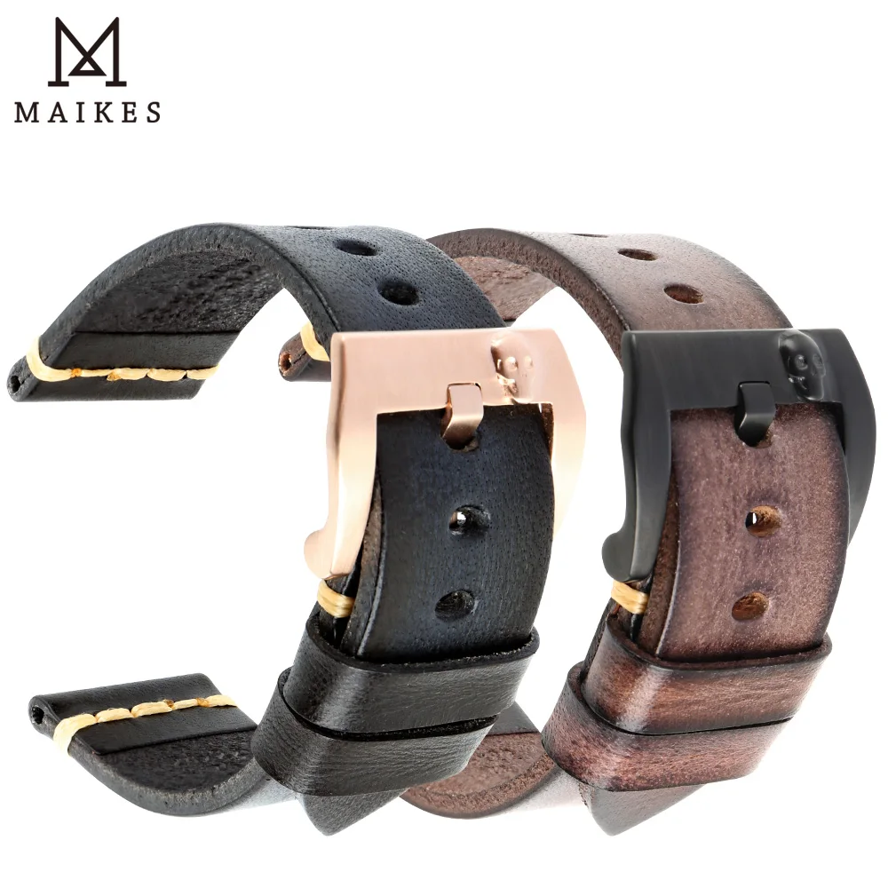 

MAIKES Handmade Genuine Cow Leather Watch Band Vintage Black Watchband Watch Bracelet 20mm 22mm 24mm Watch Strap