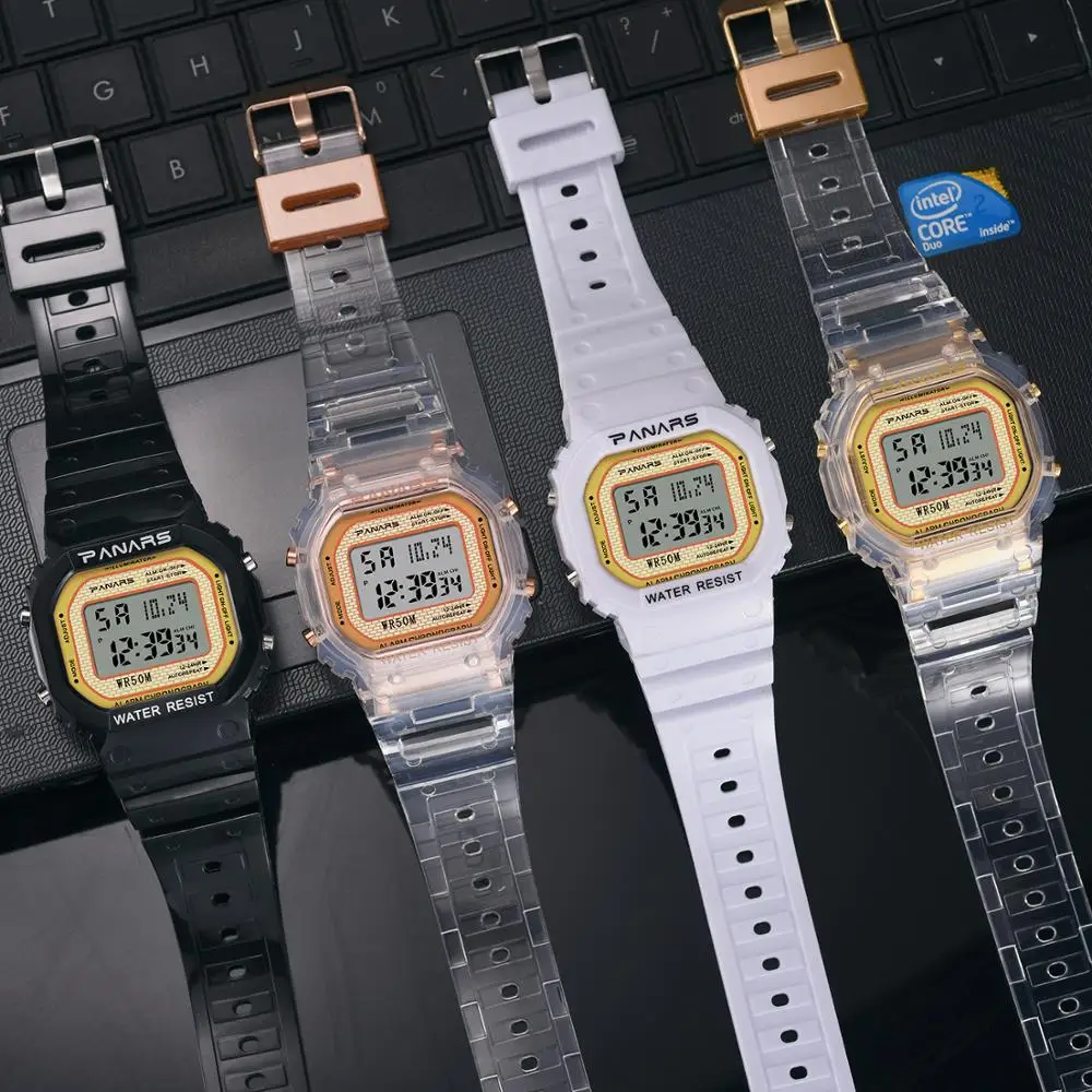 Женские цифровые часы с подсветкой 5 бар унисекс прозрачные