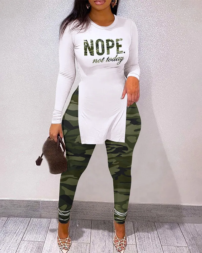 

Новинка Осень-Зима Блузка с длинным рукавом с буквенным принтом женский костюм с разрезом на подоле