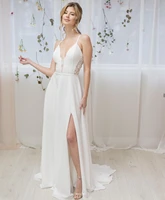 boho wedding dress 2021 side slit floor length spaghetti strap sleeveless charming chiffon cheap beach for women lady elegant