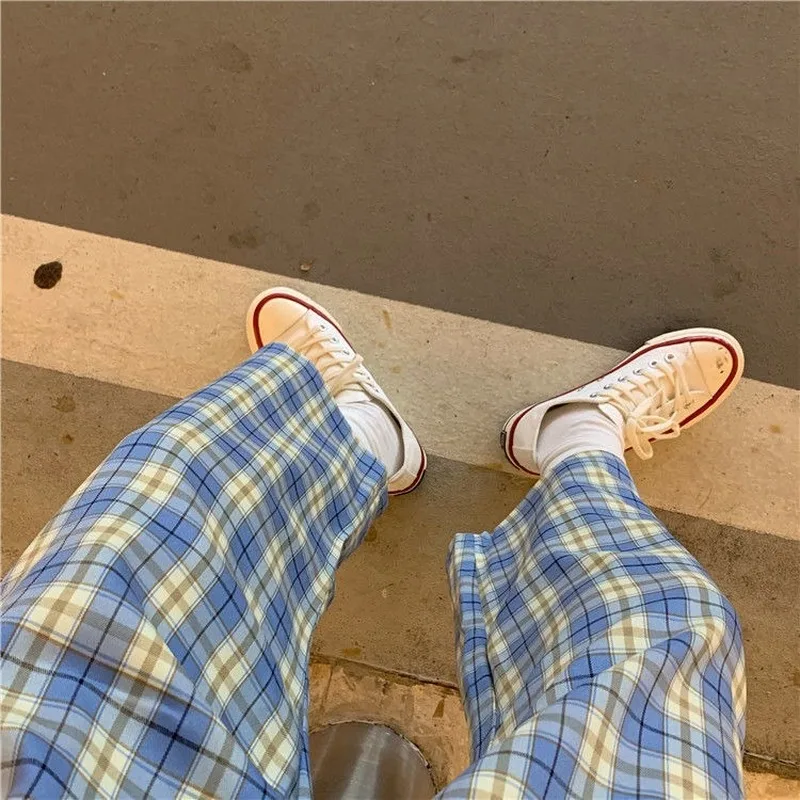 

Women Sets Plaid Straight Elastic Waist Pants Female Short Sleeve Printed Simple T-Shirt Students Casual Korean Style Loose Chic