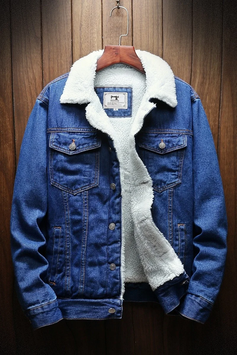 Мужская зимняя джинсовая куртка теплая с толстой шерстяной подкладкой большие