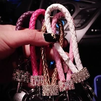 2pcs colourful rhinestone key chain universal luxury key chain braided rope nylon with crystal car accessories for girls