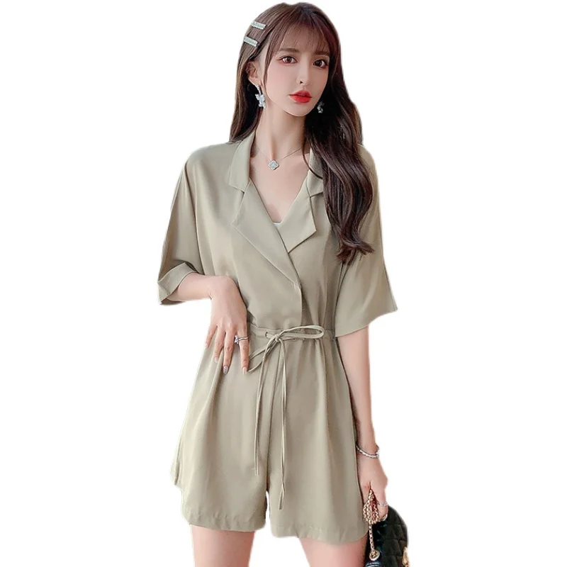 

Women Summer Elastic High Waist Jumpsuit Casual Loose V-Neck Romper Vintage Short Sleeve Leisure Streetwear Slim Pant