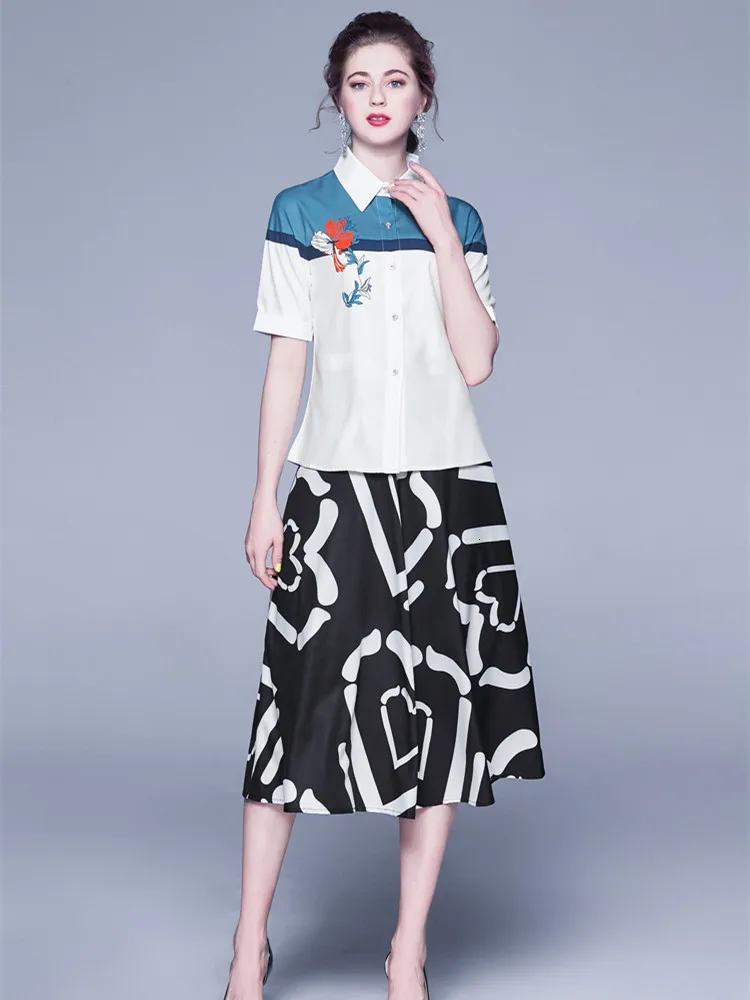 

Comelsexy Runway Fashion 2019 Autumn Suit Women's Half Sleeve Printed Shirt And Casual Bow High Waist Skirt Two Pieces Lady Set
