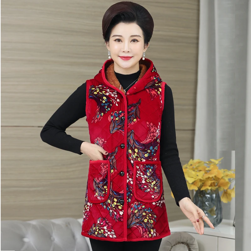 

Autumn Winter Warm Jackets For Women 2021 Thickening Print Sleeveless Women'S Vest Hooded Middle Aged Women Coat Vest C345