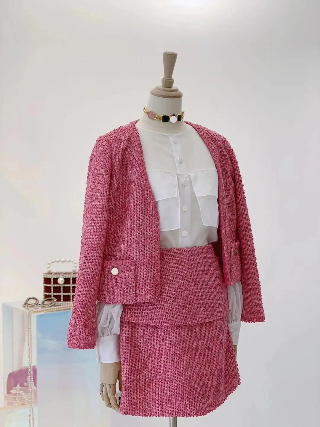 

2021 Pink two piece set women skirt custom oversize tweed jacket plus size 3XL 5XL 6XL suit women office conjuntos de mujer