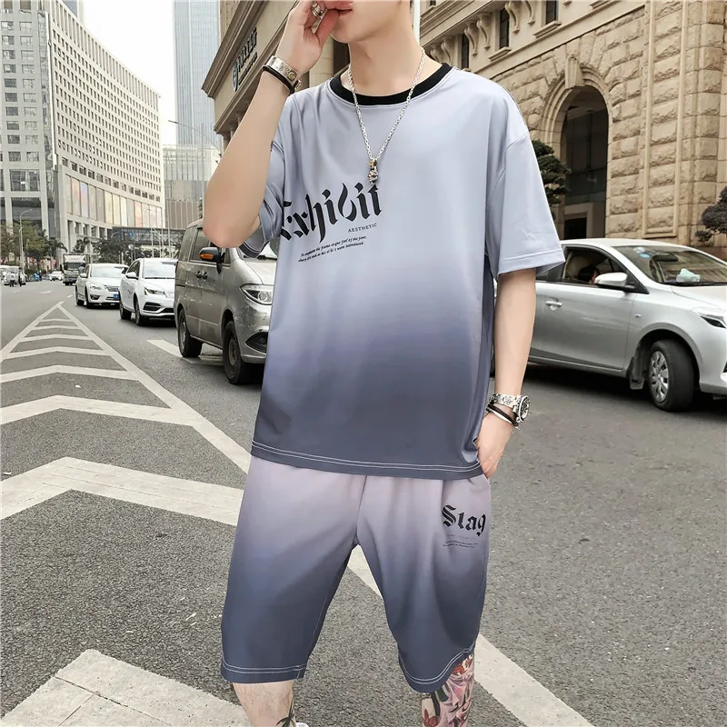 Костюм спортивный Мужской Хлопковый удобная футболка и шорты однотонный костюм
