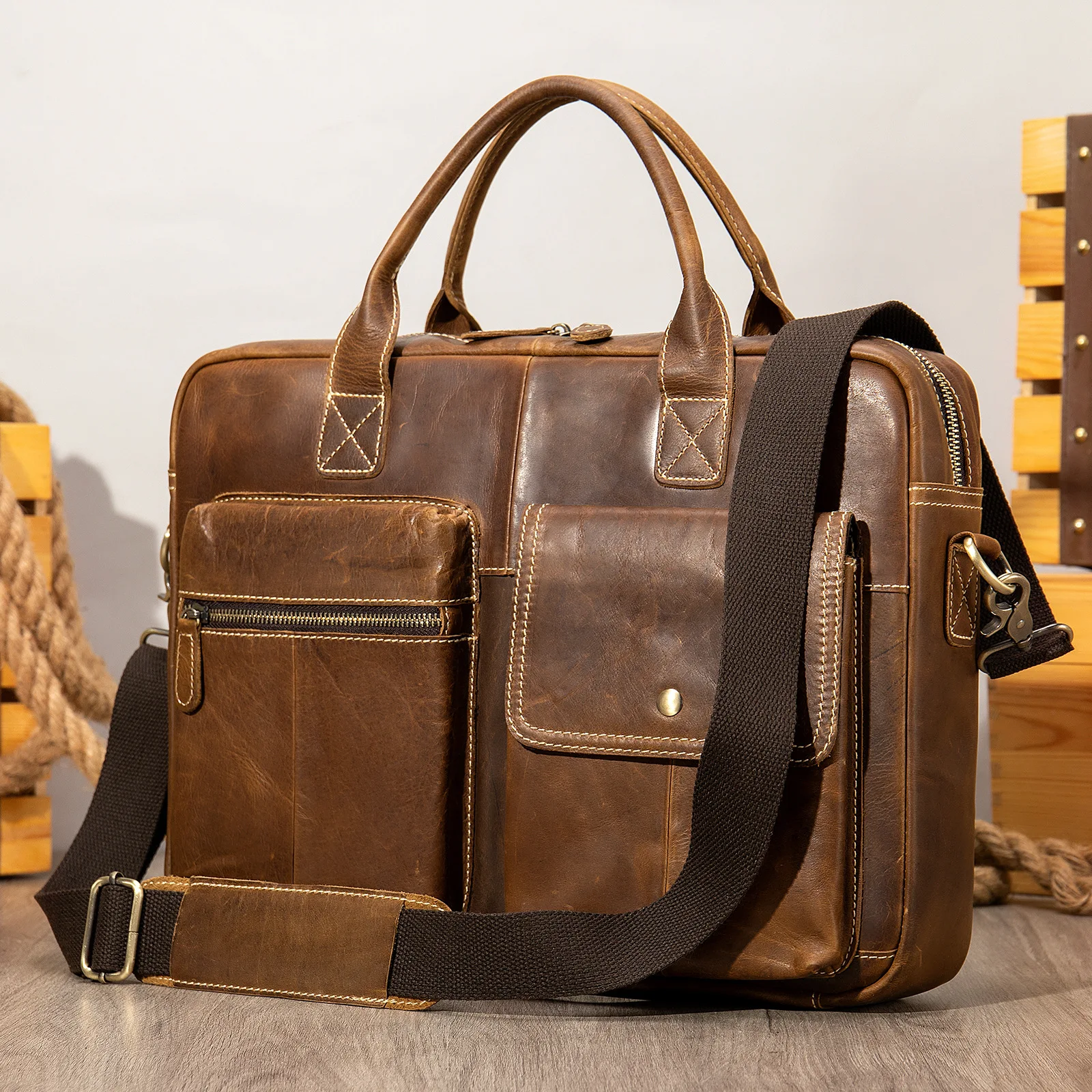 Luxury Natural Cowskin Men's Briefcase Crazy Horese Genuine Leather Business Bag Large Capacity Laptop Bag Handbags Cowhide