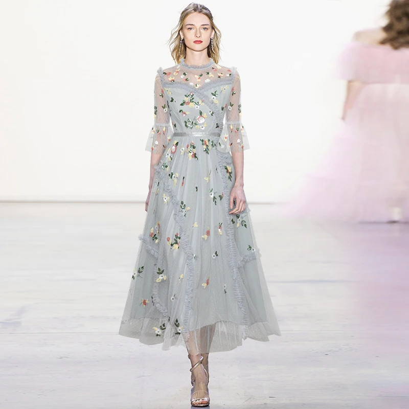 Новое летнее Сетчатое платье с круглым вырезом рукавами-фонариками и оборками