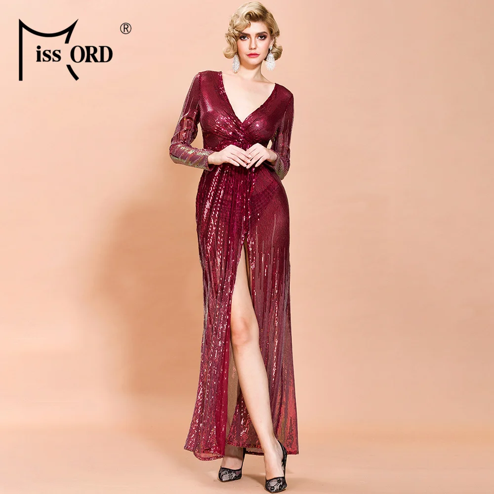 Missord 2020 Осень зима глубокий v образный вырез длинный рукав блестки женское макси