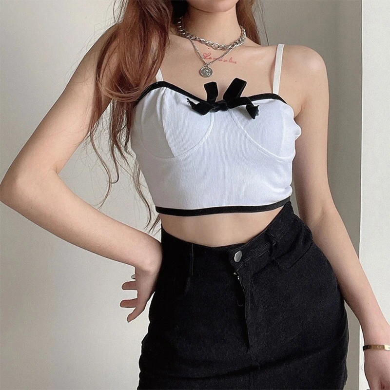 

Women Spaghetti Strap Crop Top Sweet Contrast Color Bowknot Slim Camisole Harajuku Sexy Backless Casual Small Vest Shirt