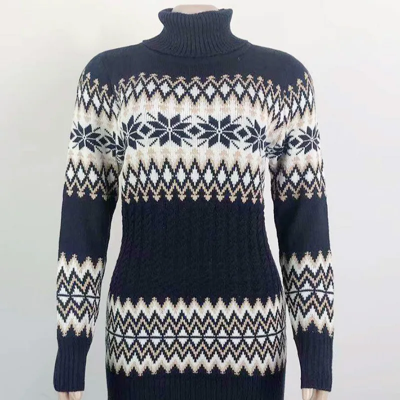 

Warm Women's Sweater Dress Winter Warm Long Sleeve Loose Snowflake Christmas New Year Mini Knitted Dresses Turtlenecks for Women