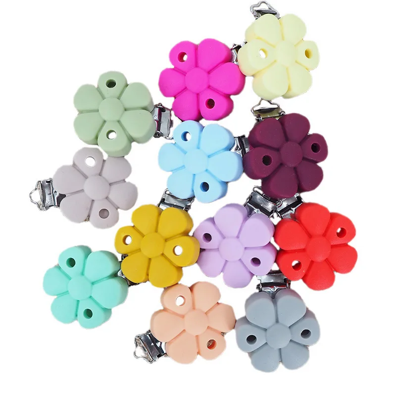 Chenkai 50PCS Flower Shape Baby Silicone Clip BPA Free DIY Infant Necklace Pendant Sensory Nursing Pacifier Teething Cilps Toys