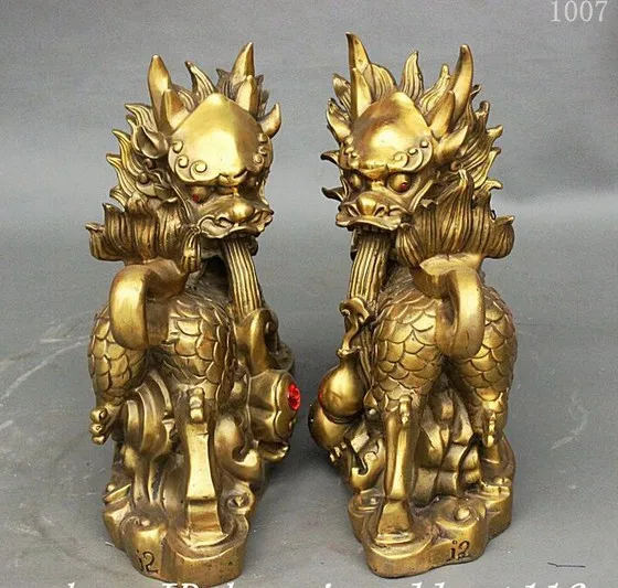 YM 308 Китайский Фэншуй чистый латунный Дракон статуэтка единорога цилинь коса