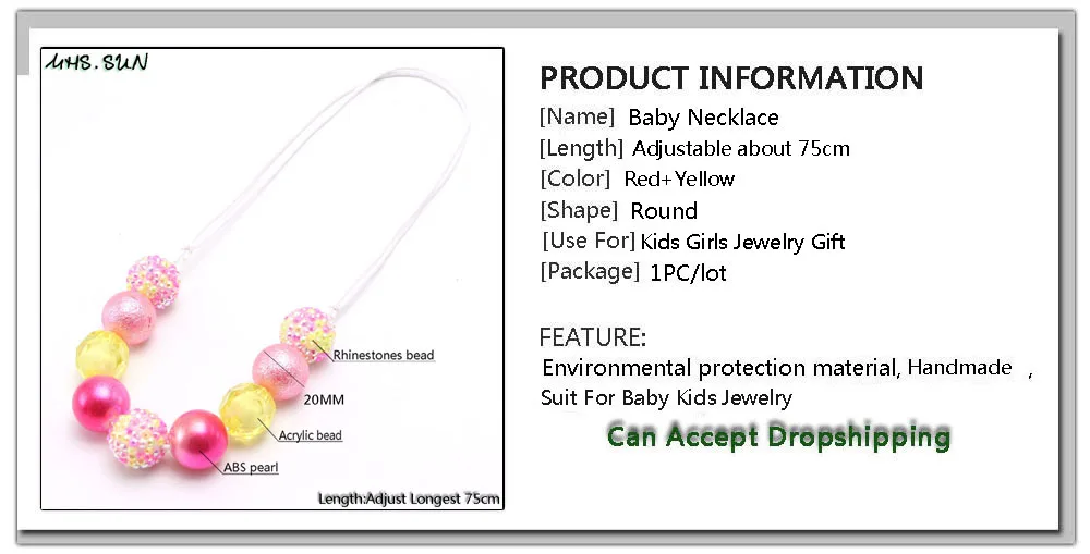 MHS.SUN New design baby chunky beads necklace diy red color bubblegum beaded necklace for kids girls adjustable rope jewelry 1pc