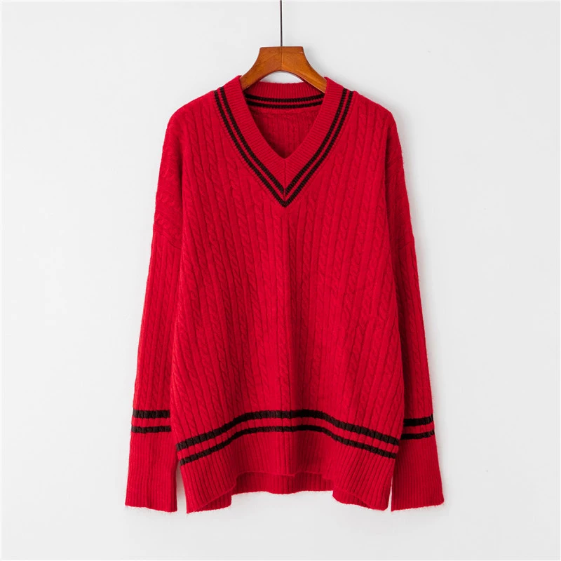 

Winter Casual Outerwear V Neck Loose Sweater for Women Long Sleeve Oversized Knitting Pullover Pull Femme