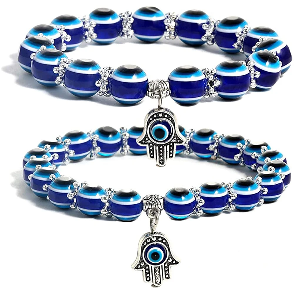 

Evil Eyes Blue Beaded Charm Stretch Bracelet Hand of Fatima Turkish Lucky Evil Eye Bracelet For Men Women Handmade Jewelry